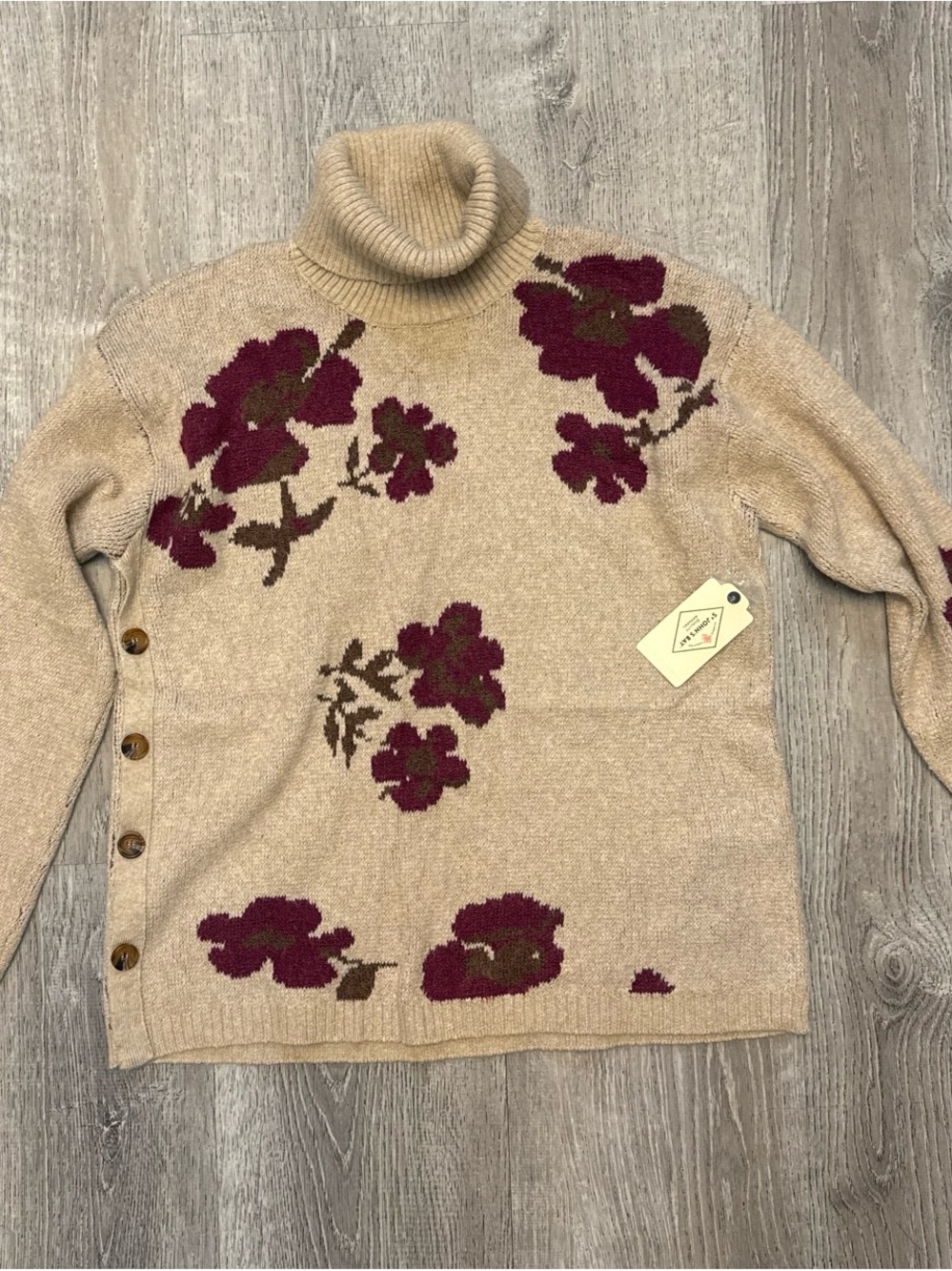 Turtleneck Floral Knit Sweater - Beige with Burgundy Flowers
